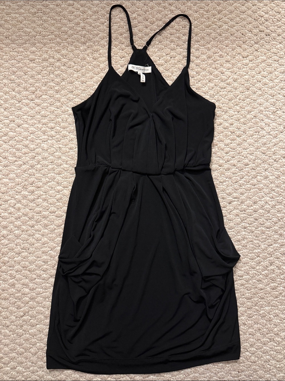 BCBGeneration Black Draped Spaghetti-Strap Mini Dress with pockets